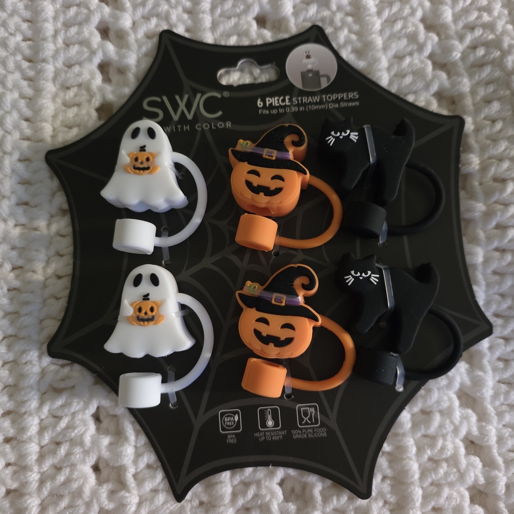 Halloween Straw Toppers Set - White, Orange, Black